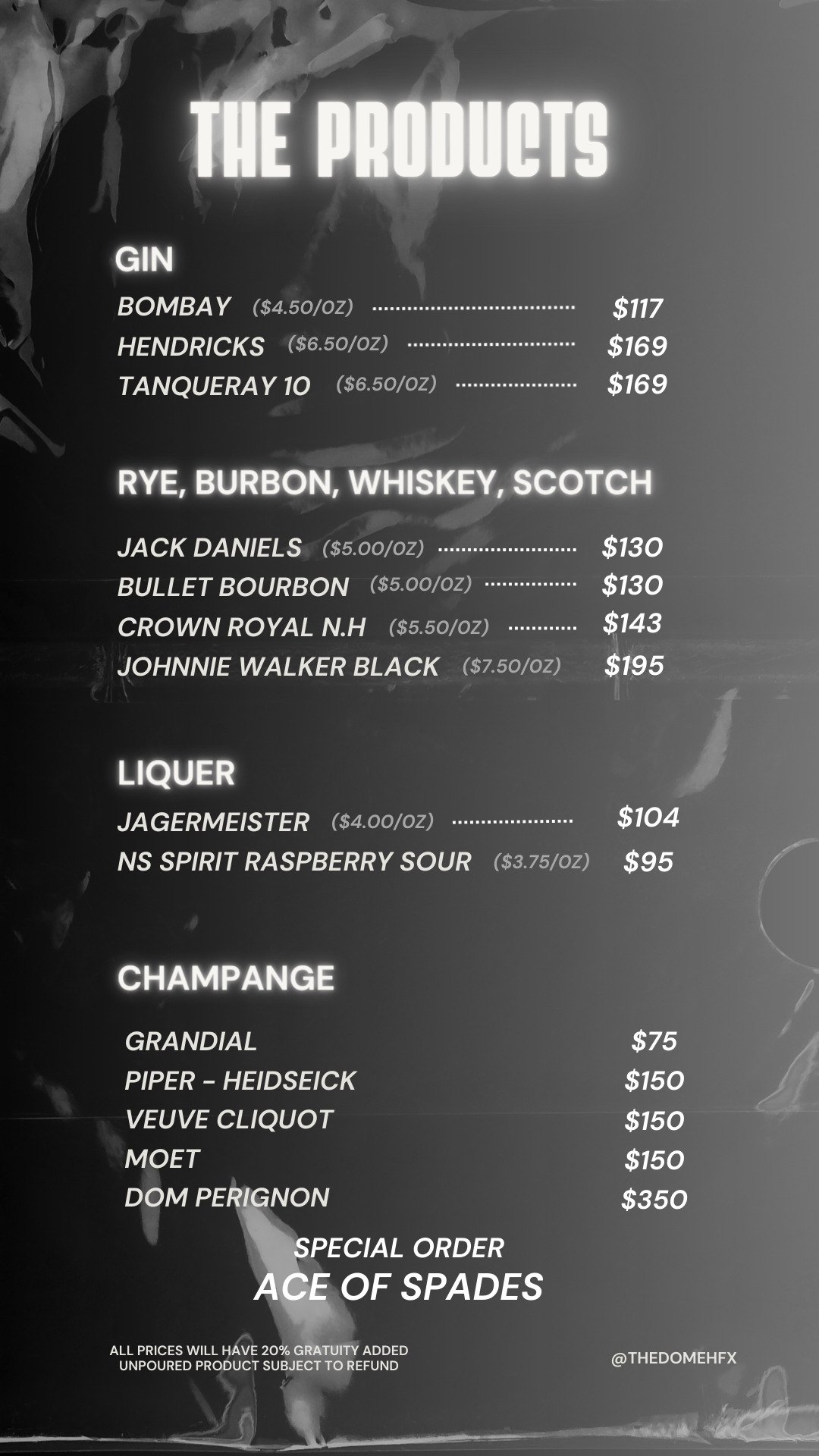 VIP Table Service Menu and Booking in The Dome, Halifax